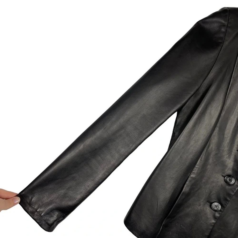 MICHAEL HOBAN NORTH BEACH BLACK LEATHER 90S 3 BUTTON NOTCH COLLAR BLAZER JACKET